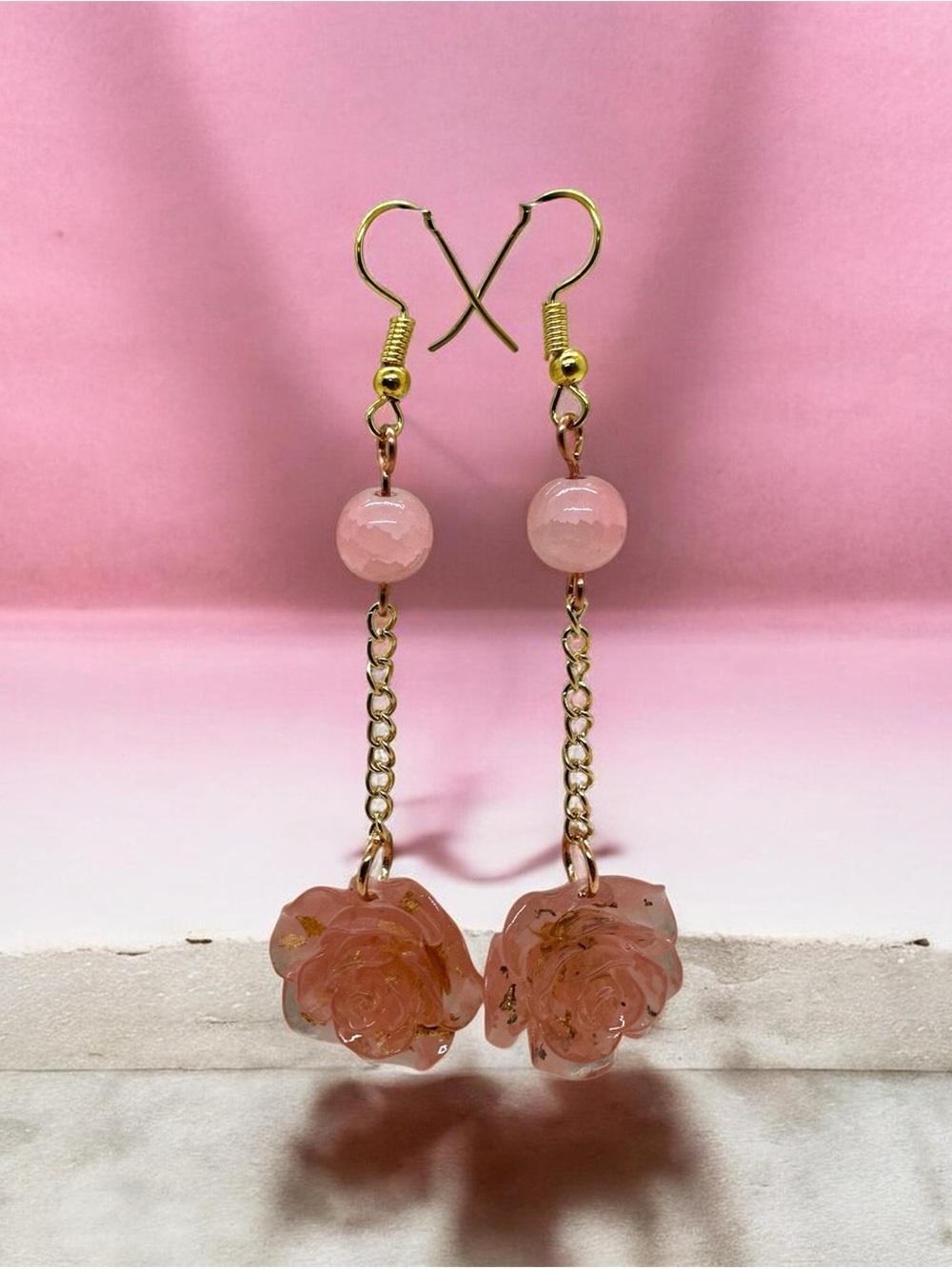 Handmade Pink Rose Dangle Earrings with Beads, Gold Chain & Hooks